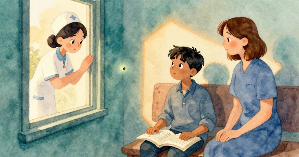 護士輕輕關上玻璃窗，Cal重新坐回橙色椅上整理雜誌，火蟲在柔和金光中靜靜飄向昏暗走廊，場景恢復寧靜。