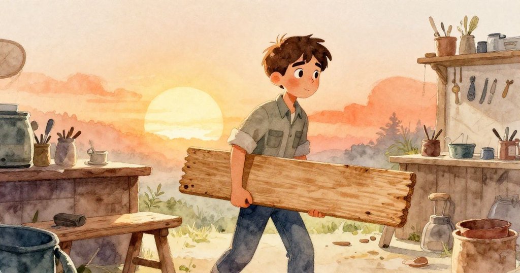 奧斯卡在日出時分拖著粗糙松木板穿越舊車間，表情專注，背景暖色調與木屑散落營造溫馨氛圍。