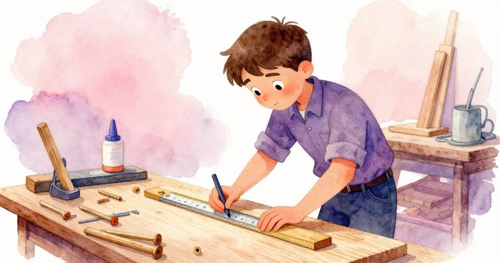 奧斯卡專注地用鋼製量角器測量松木板，周圍散落著木條和新鮮膠水，背景透露歷史感與精細工藝。