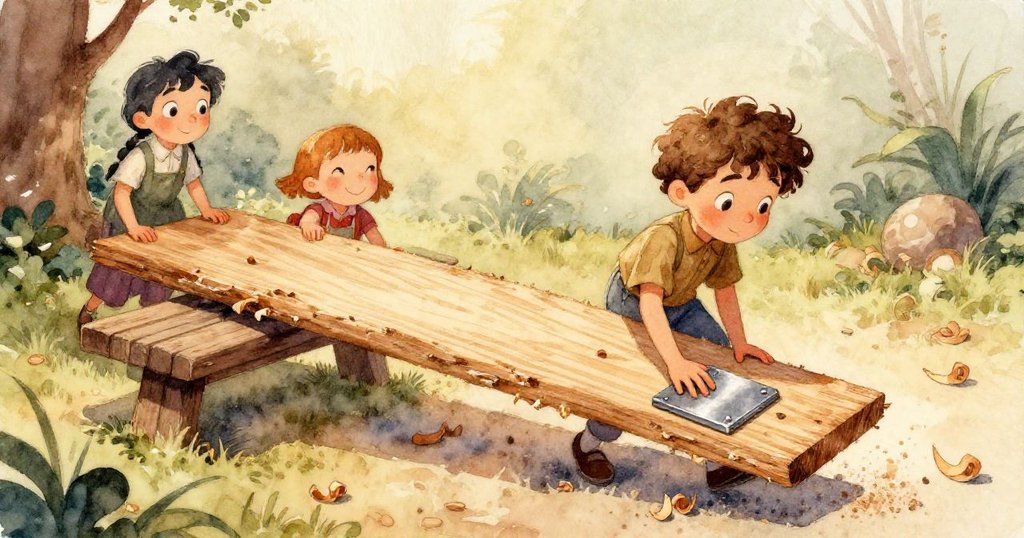 從半敞的門口透視，螞蟻在鋪滿鋸末的地面上有序爬行，小麻雀謹慎步入，營造出細膩好奇的氛圍。