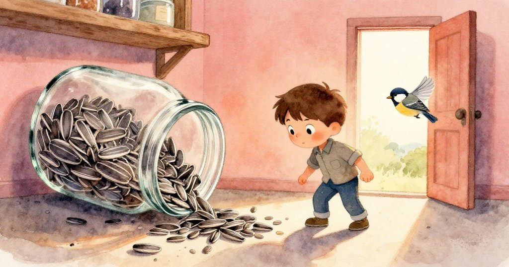 玻璃花生米罐傾倒落下，種子灑滿粗糙地面，小麻雀在開放後門附近飛舞，暗示即將走向戶外探索。