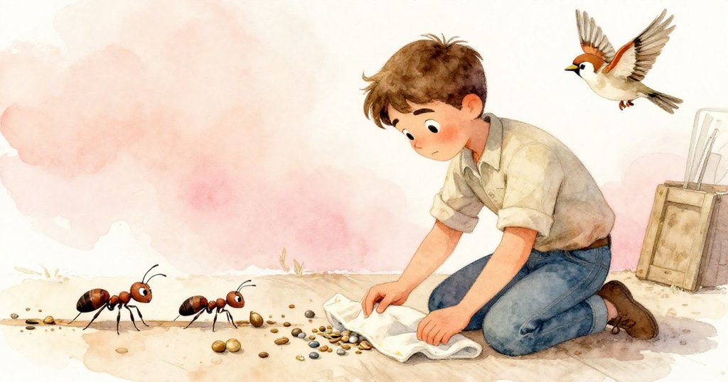 奧斯卡平靜地蹲下清理散落的種子與彈珠，一只螞蟻努力拖拉著種子，背景中小麻雀輕輕飛出，展現恢復秩序的溫馨情景。