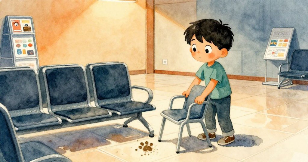 男孩Sam坐在明亮候診室調整塑膠椅,仔細觀察整齊磁磚旁的泥漬,神情專注而疑惑。