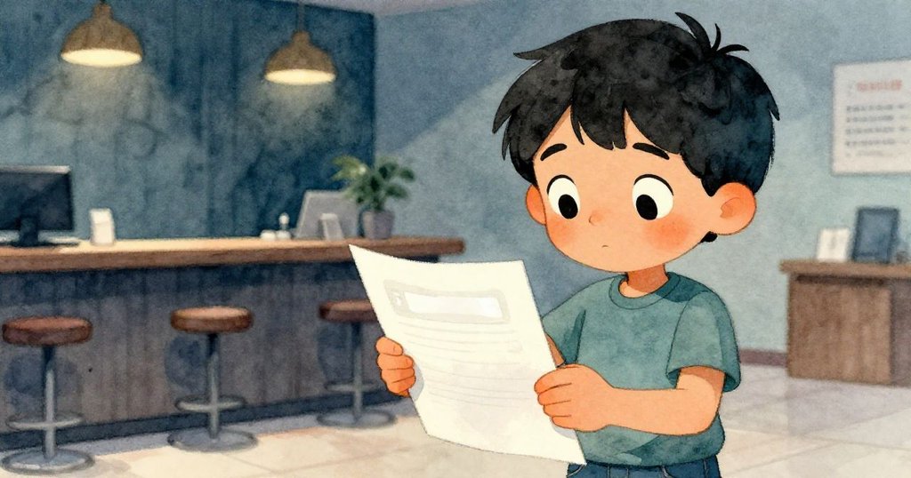 男孩Sam近距離仔細檢查有光澤空白區的表格,神情既疑惑又專注,室內燈光柔和映照。