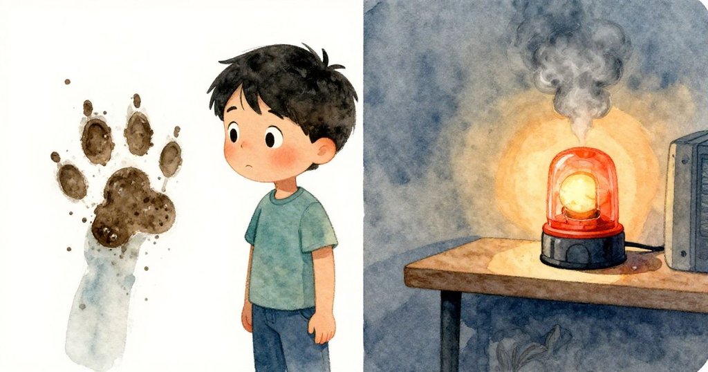 男孩Sam觀察奇特泥足跡與緊急燈旁散落長毛,室內分屏呈現疑慮與好奇交織的瞬間。