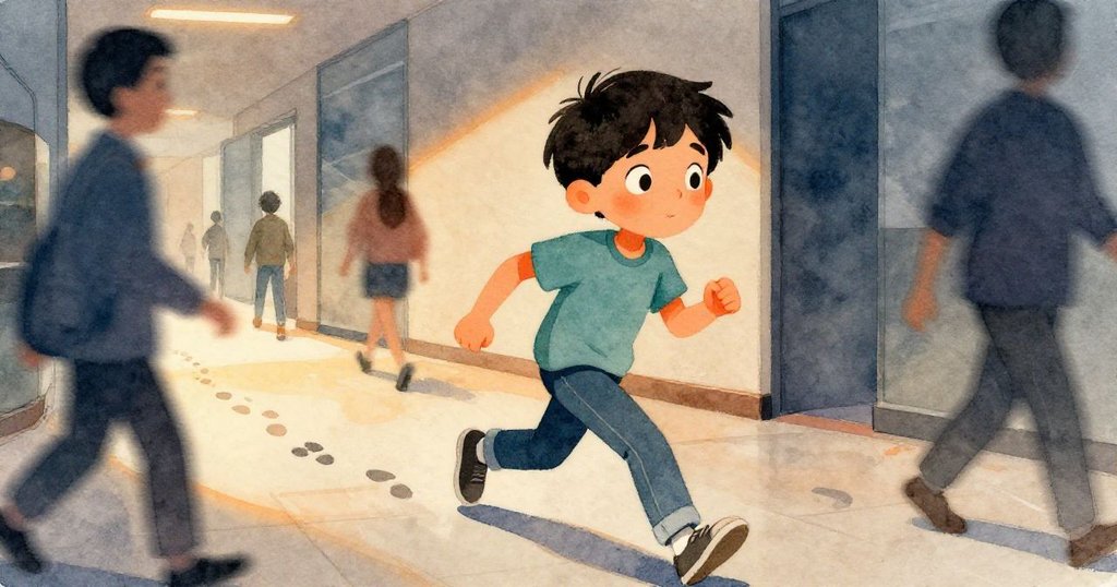 男孩Sam快步穿過候診區,牽引模糊動態軌跡,步向走廊重新加入移動人群,神態堅定。