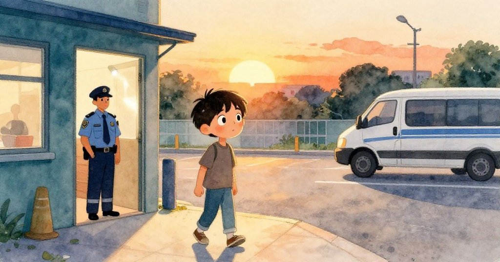 男孩Sam走出室內,走向金色停車場,與保安手持手電筒對視,日落溫暖光影包圍,心中帶著發現希望。