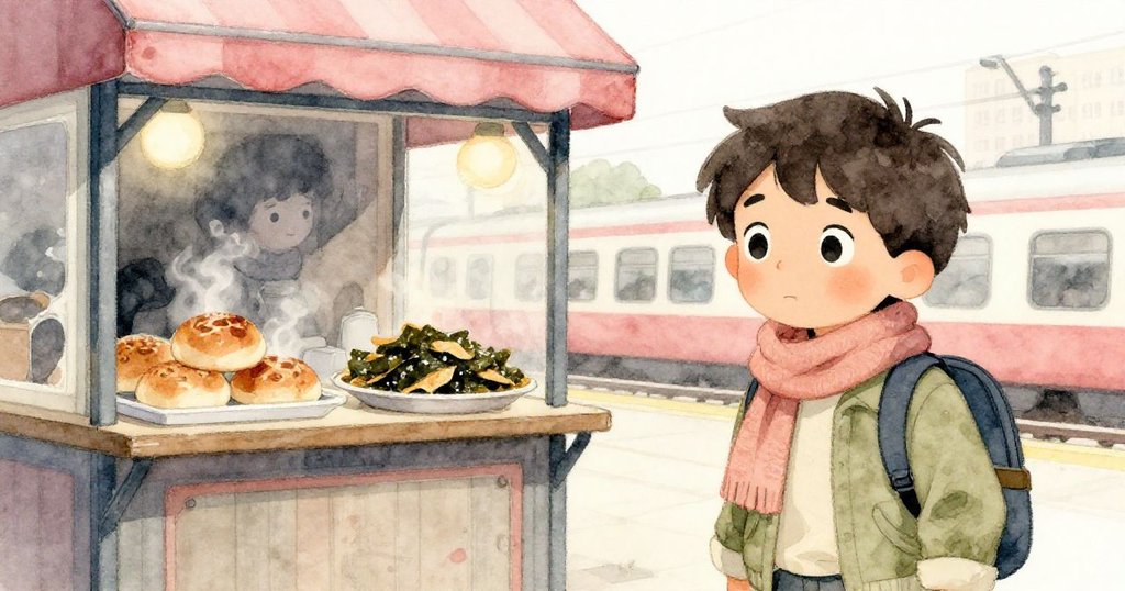 Zane好奇地注視露天攤販，蒸氣中飄散著甜麵包香和海苔脆片，場景蘊含柔和清晨光線與懷舊氣息。