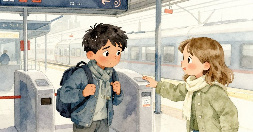 Zane在轉閘前努力解開背包紮結，Pearl從背後伸手幫助，背景中金屬冷光襯托出都市車站氛圍。