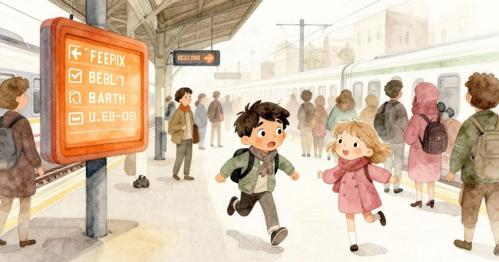 數位板閃爍橙光，Zane與Pearl與眾乘客急奔向新起點，場面充滿驚喜與緊迫動感。