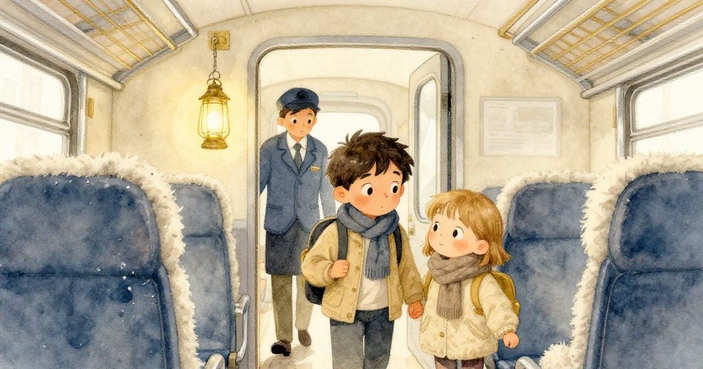 在溫馨車廂內，Zane與Pearl進門時，工作人員提燈檢查窗戶，柔和光線營造出安心古典氛圍。