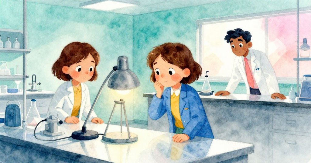 Sage調整燈具,Miles站在實驗室內,玻璃燒杯中反射雙重景象,呈現合作與探索氣氛。