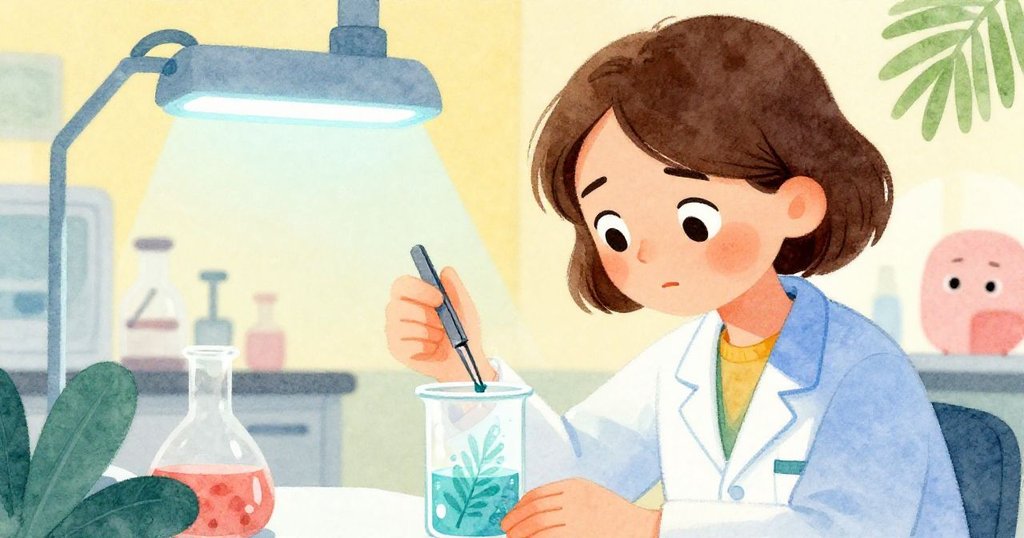 Sage專注使用鑷子夾取小葉片,燈光映射實驗台,細膩呈現科學探索的新發現。