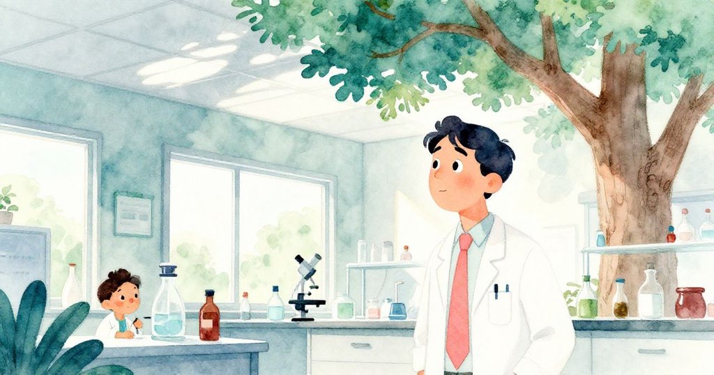 Miles注視窗外橡樹搖曳影子,實驗室內外景交融,激發對大自然與科學奧秘的思考。