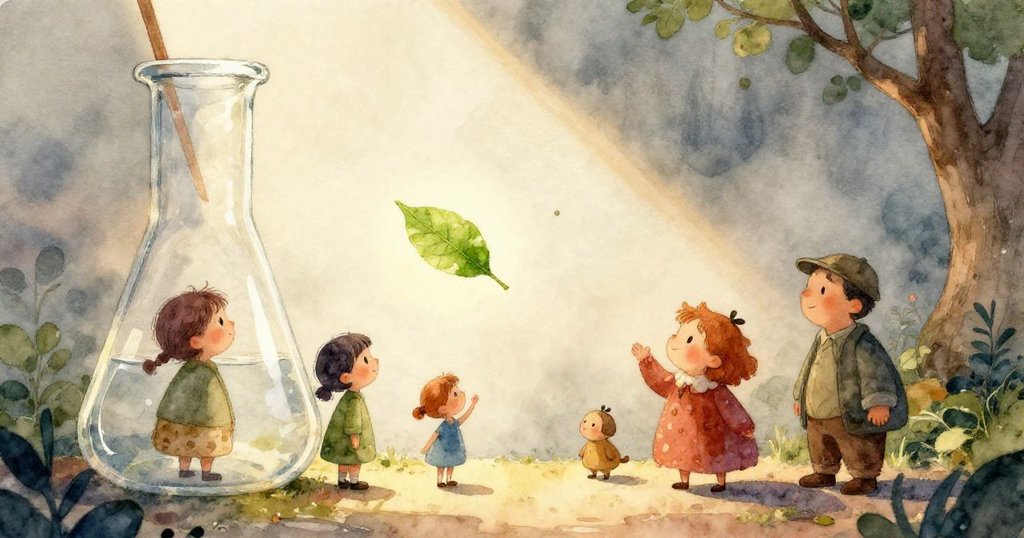 走廊中半掩門後場景,另一學生平衡燒杯,同時背景出現Sage和Miles,透露實驗室連結校內氛圍。