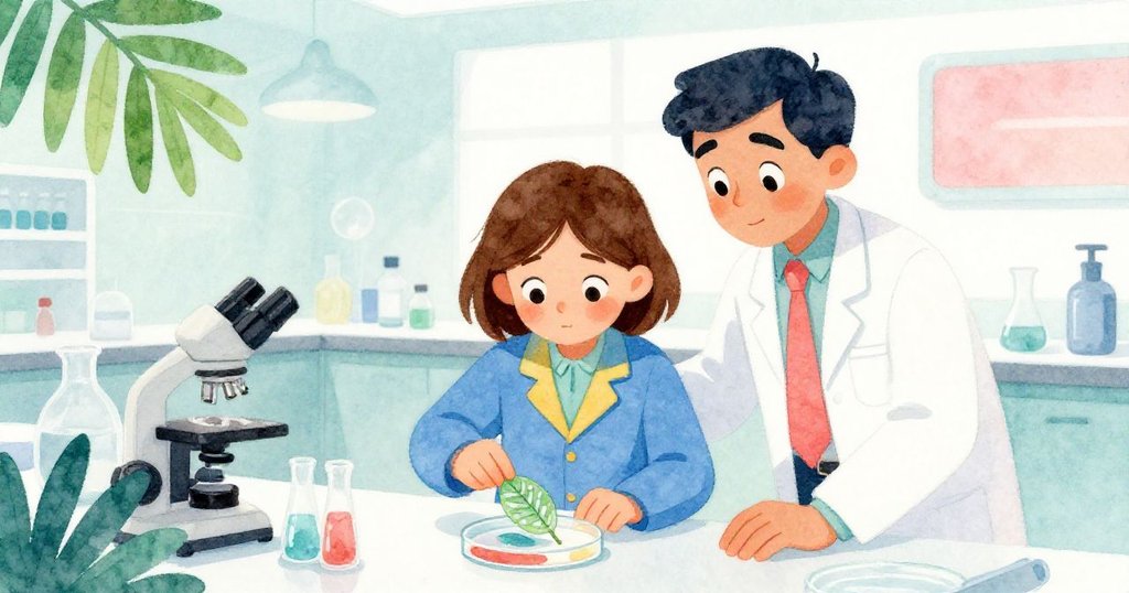 Sage將葉片輕放入培養皿,Miles微笑陪伴,明亮實驗室展現新希望,預示著科學探索的未來轉機。