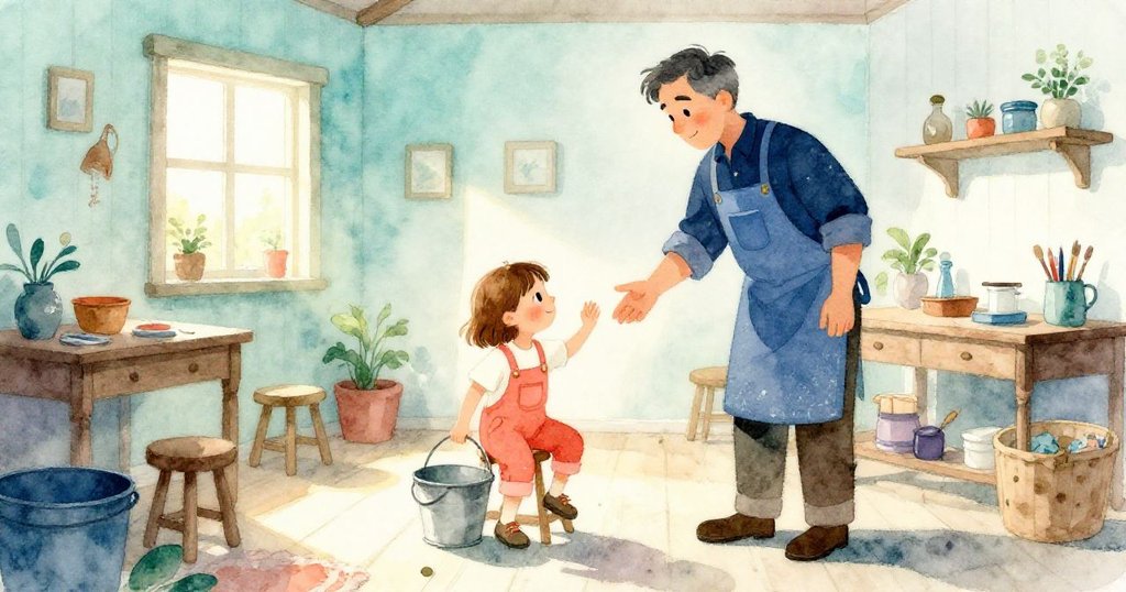 Dina推動凳子靠近工作台，Grant在旁指導，晨光透過高窗灑入工坊，瓦片、桶與工具呈現早晨忙碌溫暖氛圍。