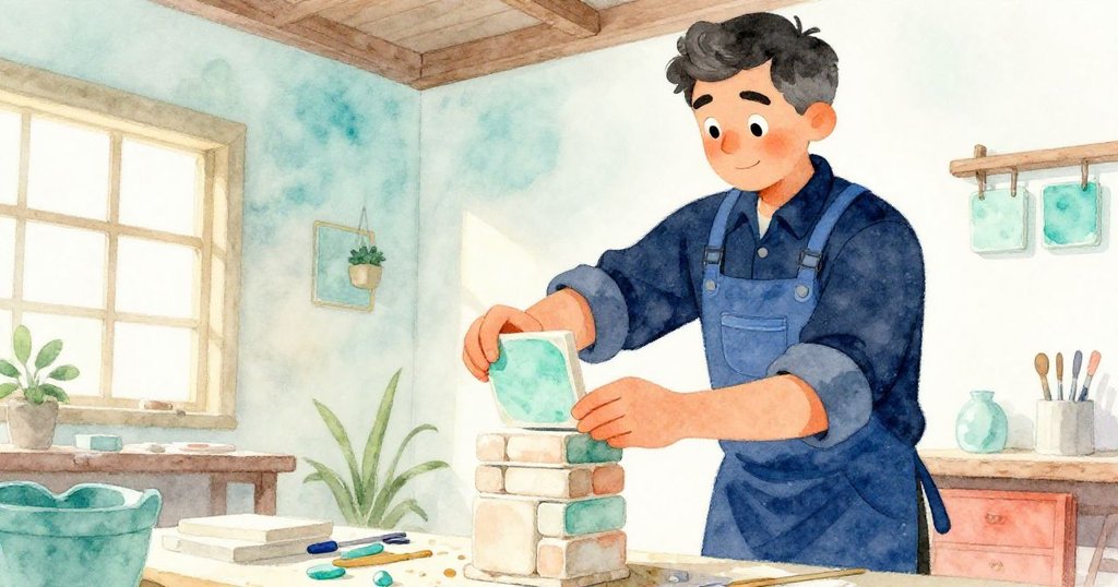 Grant以低角度專注放置新瓦，他堅定神情映入眼簾，從下方看見工坊中瓦片堆疊與晨光氛圍。