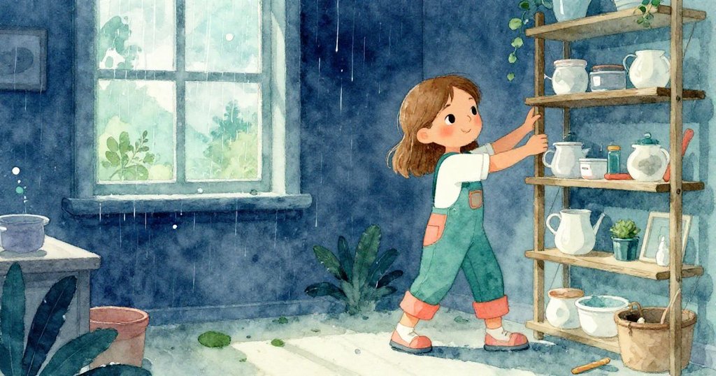 細雨午後Dina扭動身軀壓住晃動架子，臉上專注神情展現應變智慧，工坊中雨點映襯柔和氛圍。