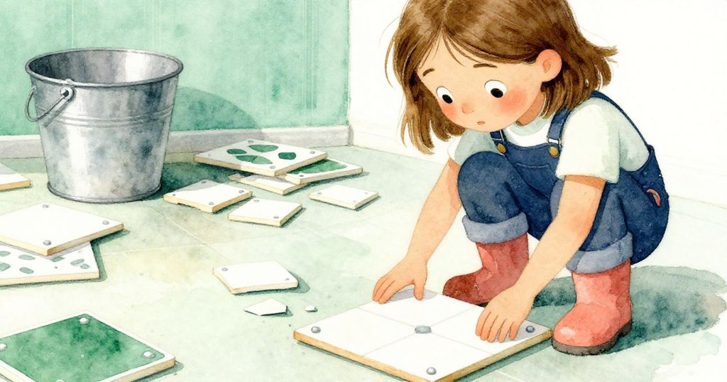 在瓦片灑落和桶中水波動中，Dina發現穩住瓦片之法，臉上堅定微笑，動作細膩顯示從混亂中求解。