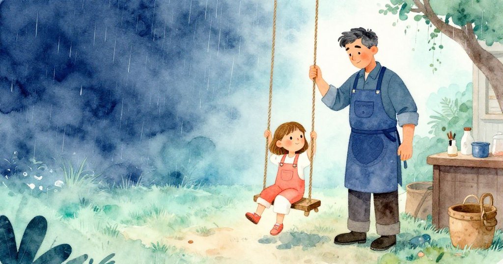 Dina與Grant於安靜工坊中互相舒緩，雨滴輕落，繩子微擺，營造出溫馨且平和的結局氛圍。