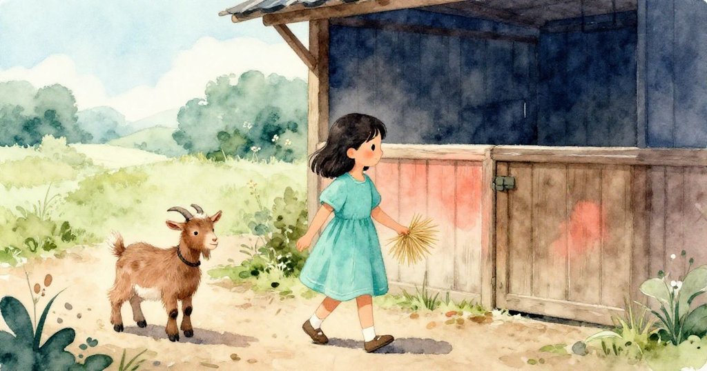 Kira在晨曦中走向木牆，手持稻草，旁邊棕色山羊期待著開始一天的工作，光線柔和，充滿希望。