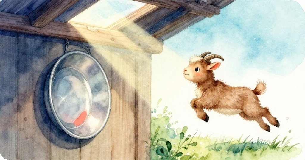 金色光束閃入破損屋頂照射在金屬盆上，倒影在牆面舞動，山羊興奮跳躍追逐光影，畫面角度獨特，充滿活力。