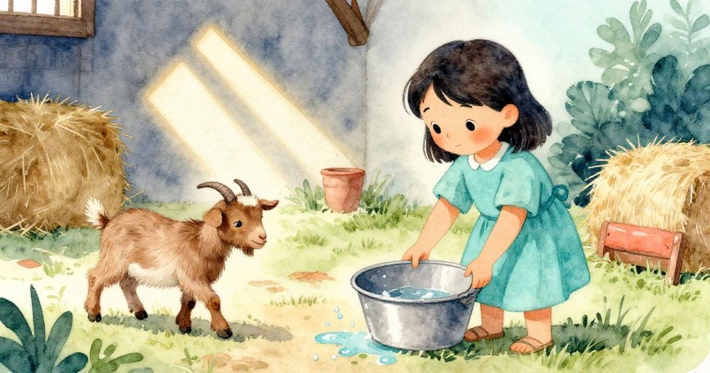 戶外場景中，Kira穩住傾斜水盆，山羊在稻草堆旁悠然遊走，柔和光線灑落，環境充滿鄉村溫暖。