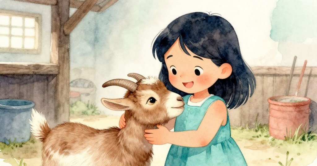 Kira工作近尾聲時滿足微笑，山羊溫柔靠近，兩者共享寧靜慶祝，環境散發著柔和溫暖光線與信任。