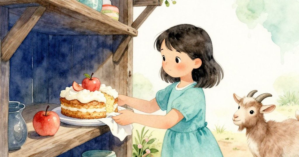 Kira小心翼翼將布包蘋果蛋糕放到高架上，山羊在後好奇注視，象徵保護珍貴食物及每日溫馨勞作的結束。