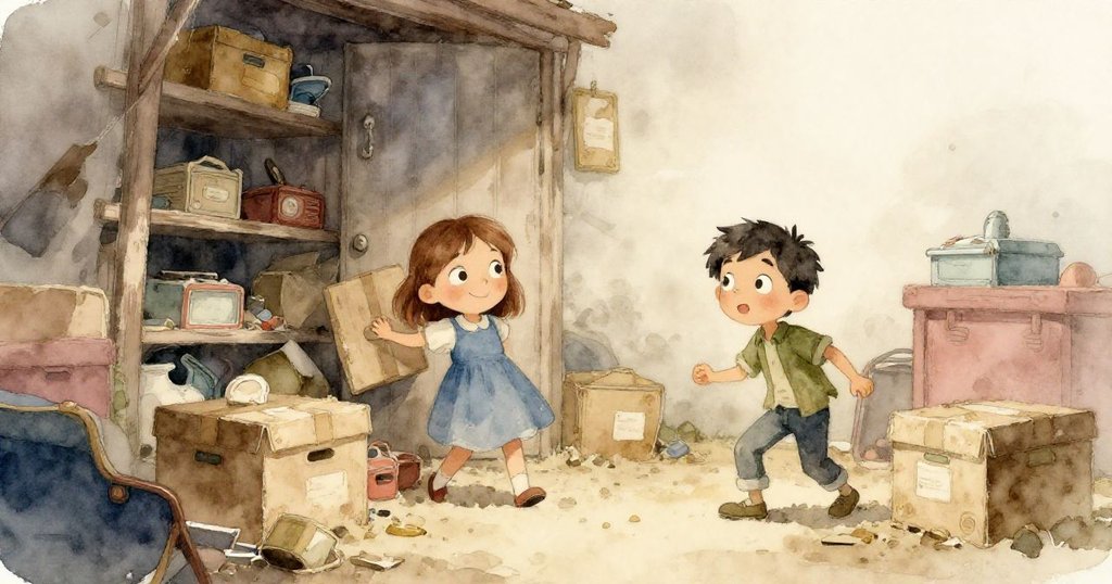 倉庫內晨光柔和透入塵埃，Cora 與 Glen 踏進舊箱堆中探索，臉上流露期待與好奇，環境充滿歷史感。