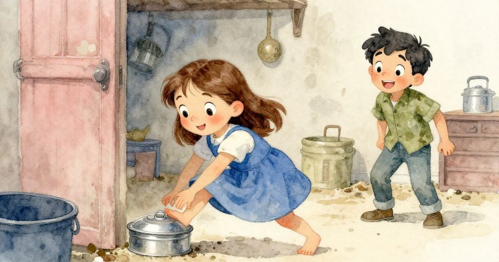 從Cora背後視角拍攝，她用腳尖輕踢金屬蓋，Glen 在後方微笑旁觀，充滿探索樂趣，細節豐富。