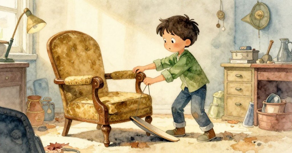 Glen 正在調整破舊扶手並用書本製作斜坡，秋日暖光灑入倉庫，環境懷舊而充滿生氣，動作細膩。