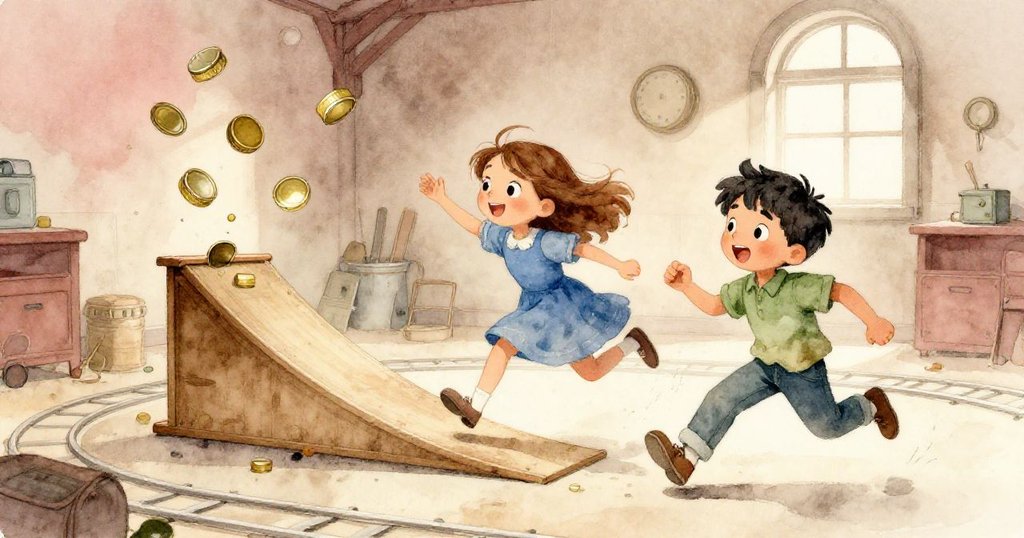 在充滿活力的倉庫中，Cora 與 Glen 快速奔跑，追逐滑行金屬蓋，笑容滿面，動作充滿歡樂與冒險精神。