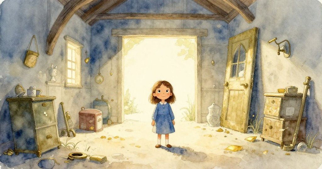 Cora 站在整理後的通道上，面向光明前方，臉上帶著滿足的微笑，透露出重新發現和平與希望的情感。