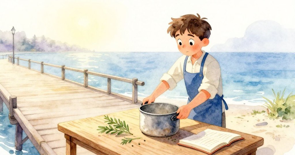 雨霧中的碼頭上，Hugo輕推生銹鋼鍋，蒸氣緩升，桌上散布香草與食譜，神情專注於清晨準備。