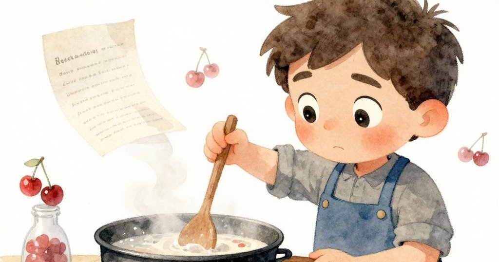 Hugo正聚精會神攪拌湯鍋，近鏡捕捉他專注眼神與隨蒸氣翻飛的食譜頁，情感細膩流露。