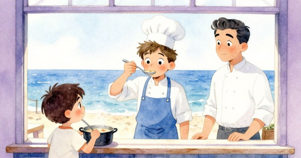 透過咖啡館窗框，廚師好奇探出身影品嘗濃湯，Hugo在碼頭上專心攪拌，兩邊場景和諧交融。