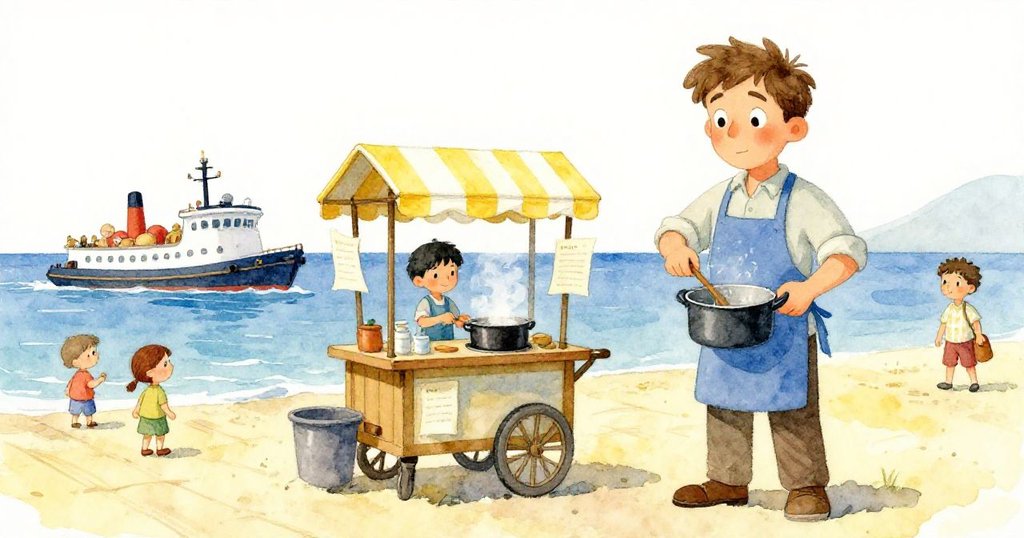 時間流逝間，碼頭上餐車急移，食譜頁隨風飛舞，Hugo穩定鏟動湯鍋，場面既動感又專注。