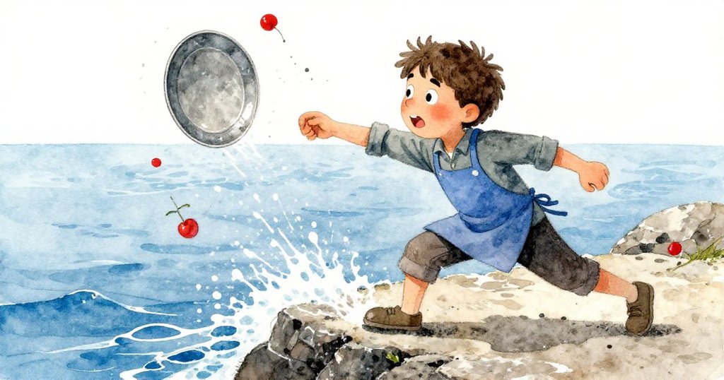 Hugo奮力撲向滑落的金屬托盤，碼頭邊潮水湧動，岩石隱現，展現出緊迫而激烈的奮鬥瞬間。