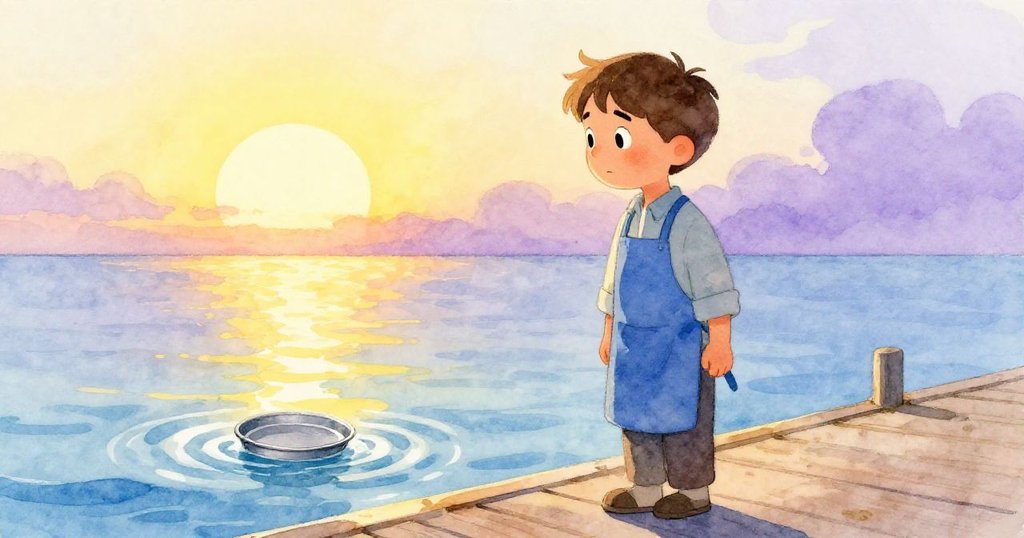 夕陽下，Hugo站在碼頭邊，目送托盤隨潮水沉落，神情平靜中流露著告別與對未來的期盼。