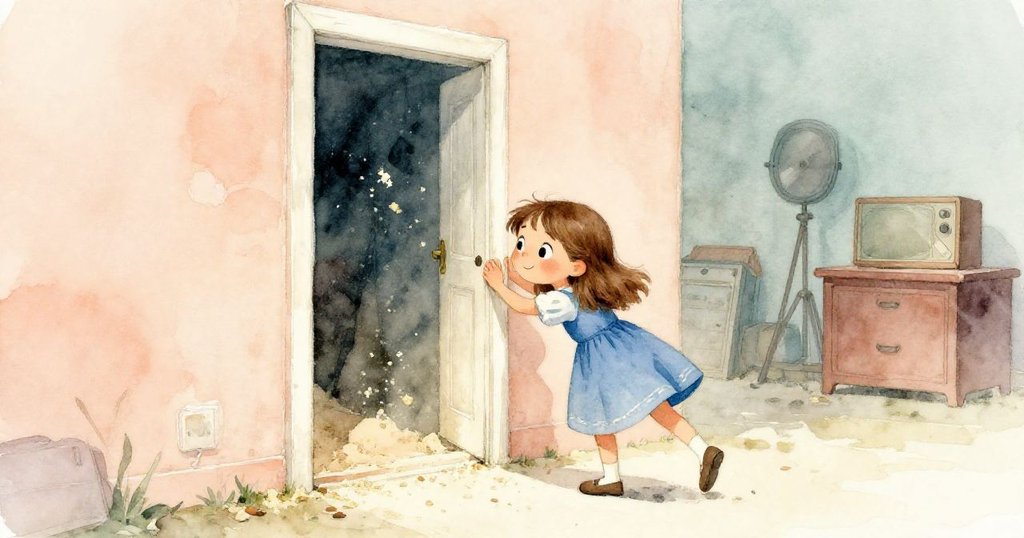 格温在凌晨推開破舊後台門，木板與飛揚錫箔交織出神秘溫暖氛圍，故事開始展開。