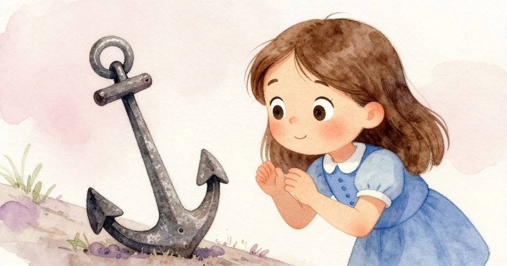 格温近距離注視陳舊金屬錨，眼神充滿好奇，背景中斜坡與歷史痕跡暗示探索展開。