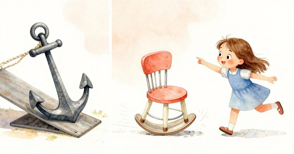 格温在斜坡上巧妙操作，先推錨滑動後玩具椅旋轉到位，雙重實驗並列呈現趣味發展。