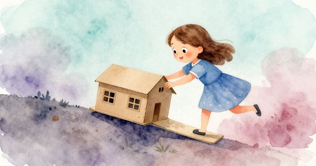 格温小心放置卡紙模型，模型滑動加速後驚人跳躍，斜坡上斑駁色彩見證情節高潮。