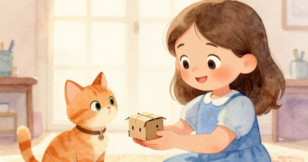 格温在夕陽餘暉中微笑，將卡紙模型交給好奇橘貓米洛，背景後台靜謐收尾展現溫馨結局。