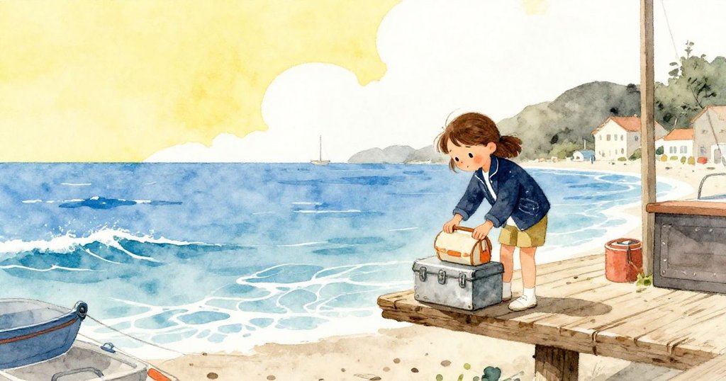 Eve在港口露天甲板上動作，將餐袋放在局部工具旁，背景有海浪和陽光，表情充滿專注與冒險。