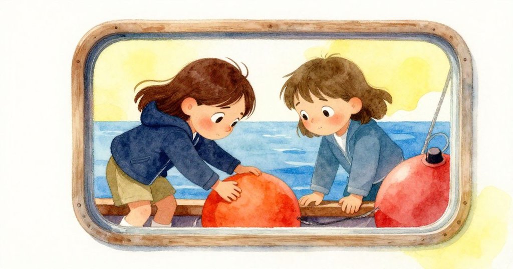 透過船上玻璃窗看到Eve專注調整橙色系泊浮球，光影交錯在木甲板與窗外海浪下顯示出冒險氛圍。