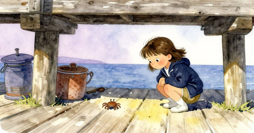 在隱蔽的甲板下方，Eve蹲下觀察一隻棕色螃蟹穿梭於老舊木板間，充滿好奇心與輕鬆神秘氣氛。