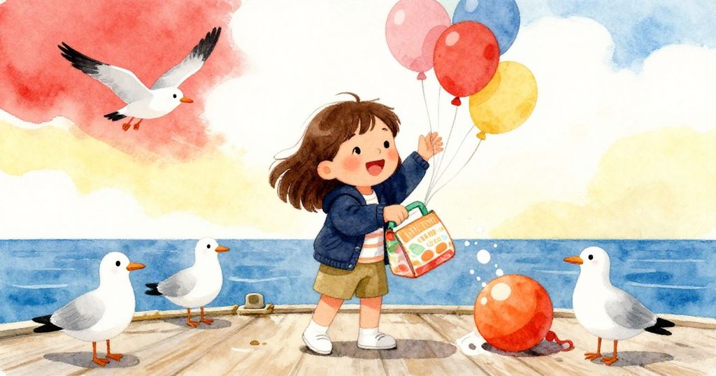 Eve滿懷喜悅地取回餐袋，旁邊海鷗飛舞、懸掛橙色浮球點綴甲板，場景洋溢慶祝與輕鬆氛圍。